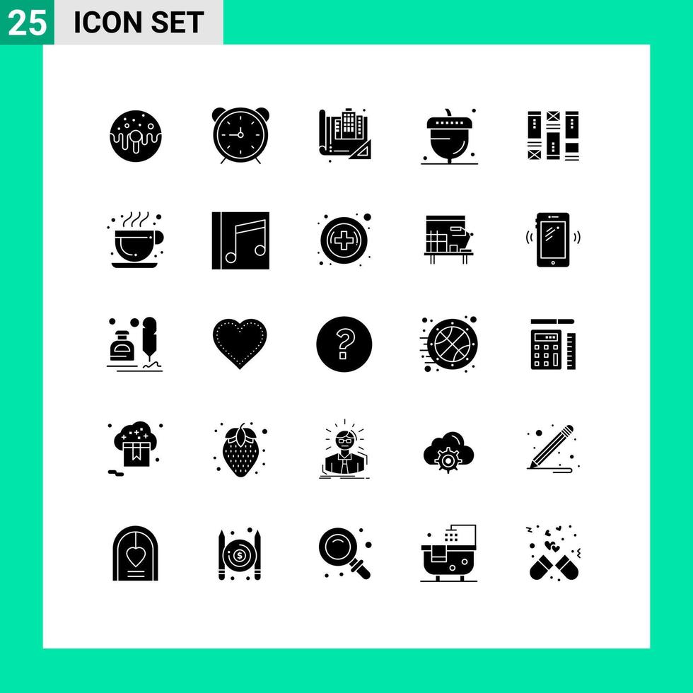 Set of 25 Commercial Solid Glyphs pack for flora acorn timer drawing blueprint Editable Vector Design Elements