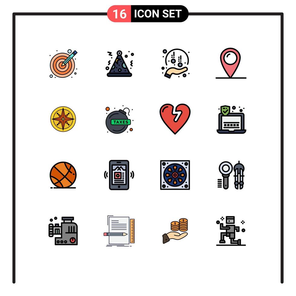 Universal Icon Symbols Group of 16 Modern Flat Color Filled Lines of location pad lock donation map holiday Editable Creative Vector Design Elements