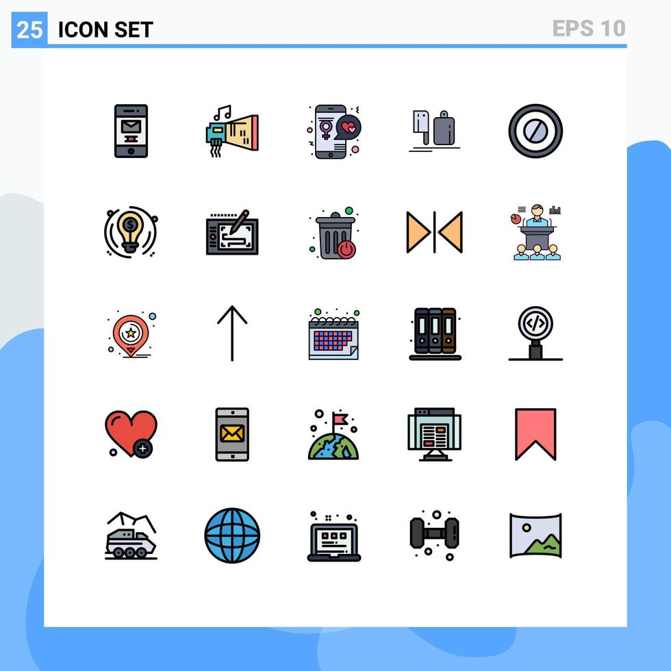 25 interfaz de usuario línea llena paquete de color plano de signos y símbolos modernos de preparación cocina música chopper amante elementos de diseño vectorial editables vector