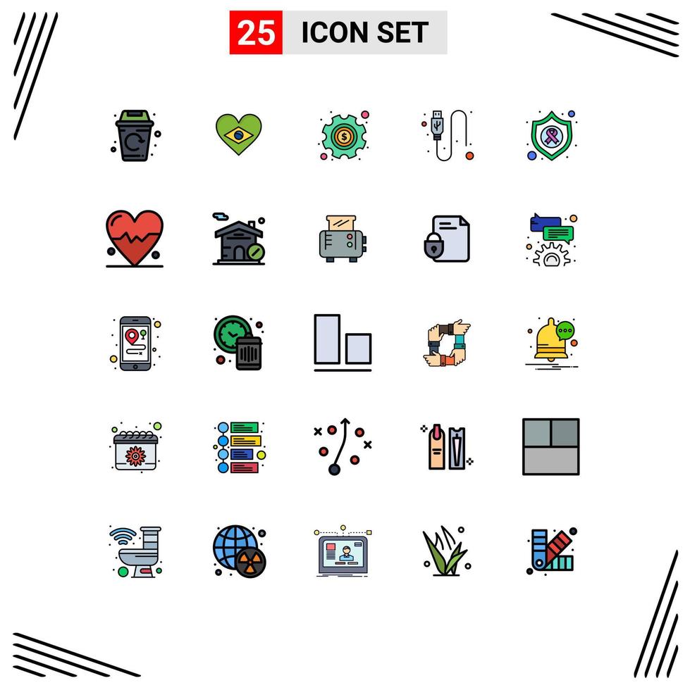 Group of 25 Filled line Flat Colors Signs and Symbols for protect wire gear usb cable Editable Vector Design Elements