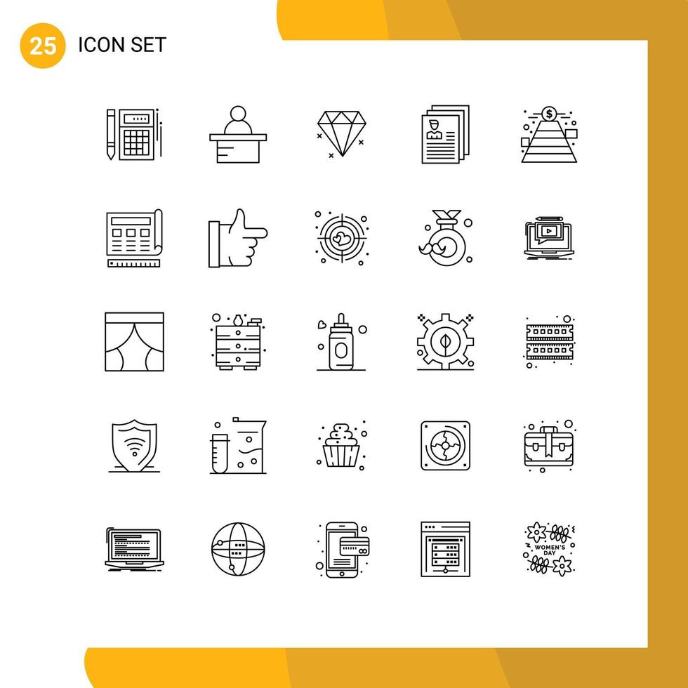 conjunto de pictogramas de 25 líneas simples de elementos de diseño de vector editables de archivo de perfil de diamante de finanzas de objetivo