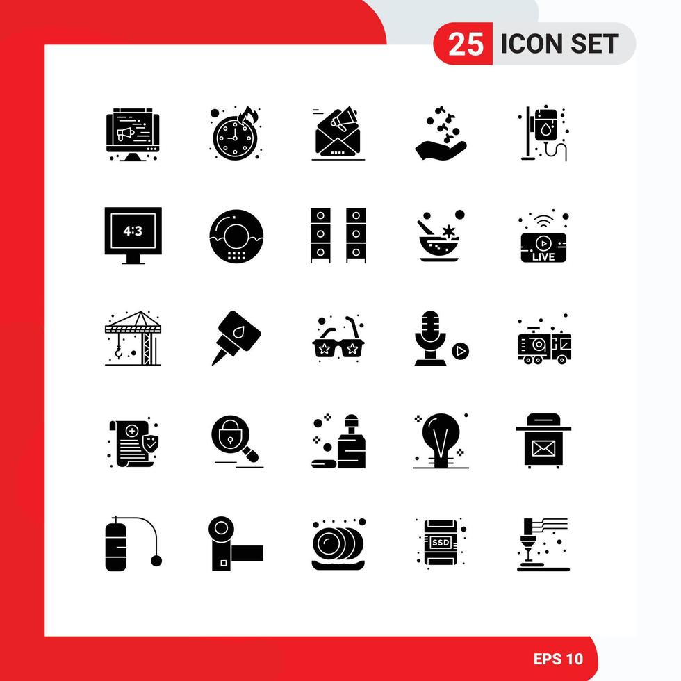 Group of 25 Modern Solid Glyphs Set for health rock and roll email rock hand Editable Vector Design Elements