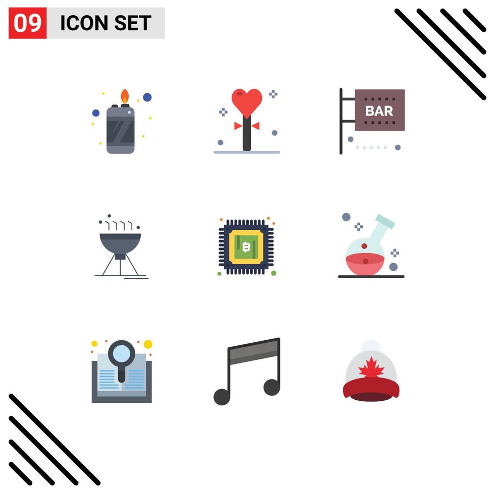 Set of 9 Modern UI Icons Symbols Signs for currency food bar camping science and computing Editable Vector Design Elements