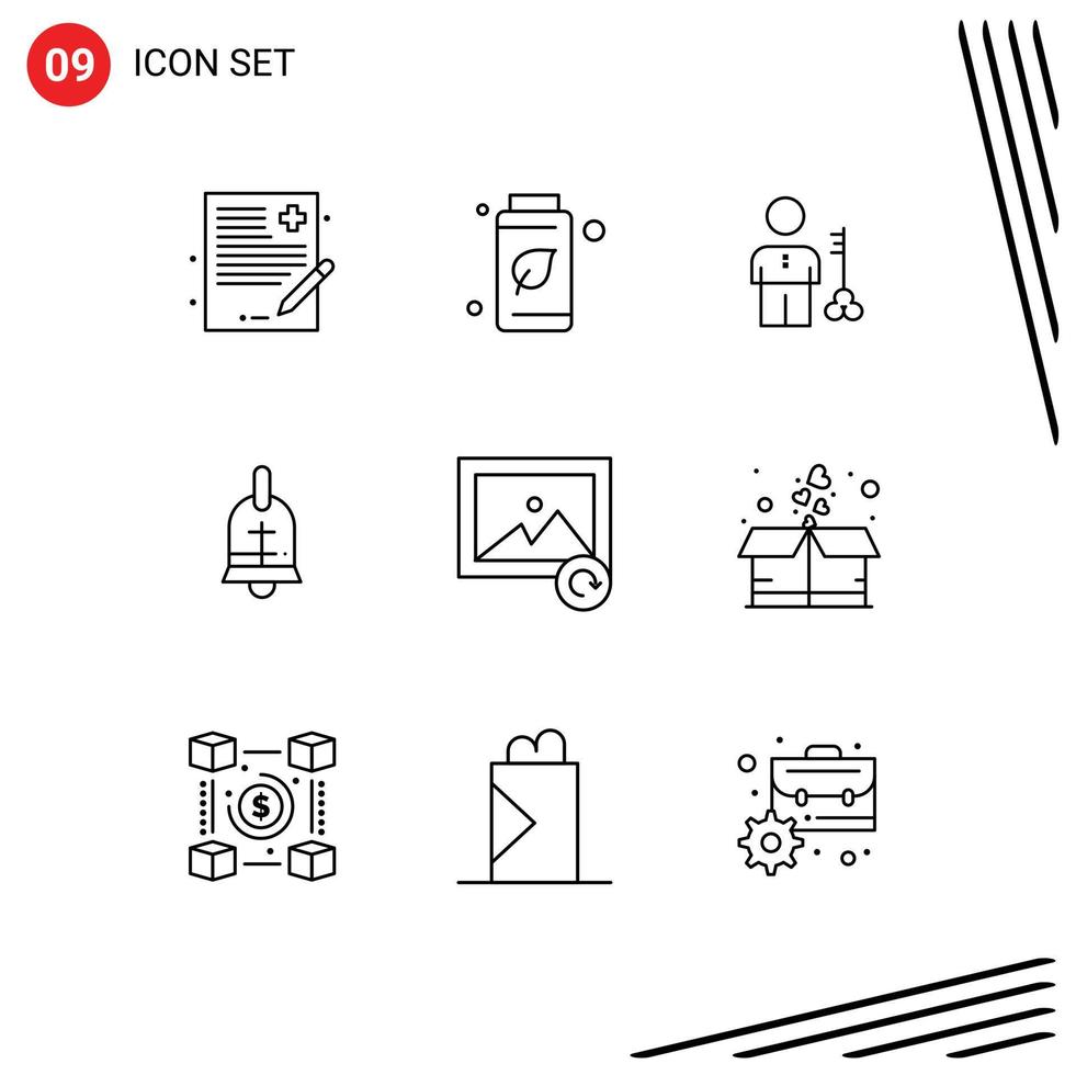 Group of 9 Modern Outlines Set for easter ball solution security person Editable Vector Design Elements