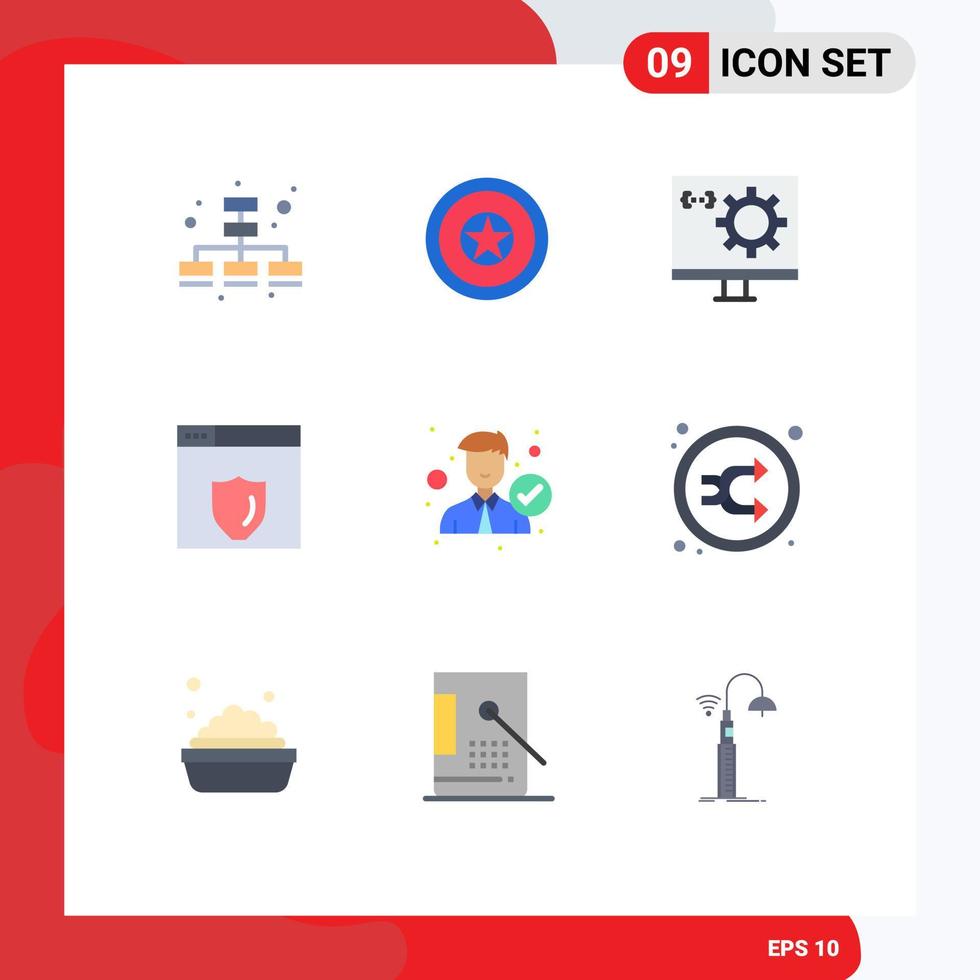 Set of 9 Vector Flat Colors on Grid for man accept computer shield web server Editable Vector Design Elements