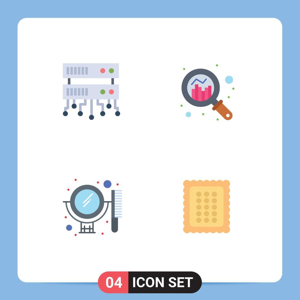 conjunto moderno de 4 iconos planos pictograma de servidor de base de datos gráfico de análisis de espejo panadería elementos de diseño vectorial editables vector