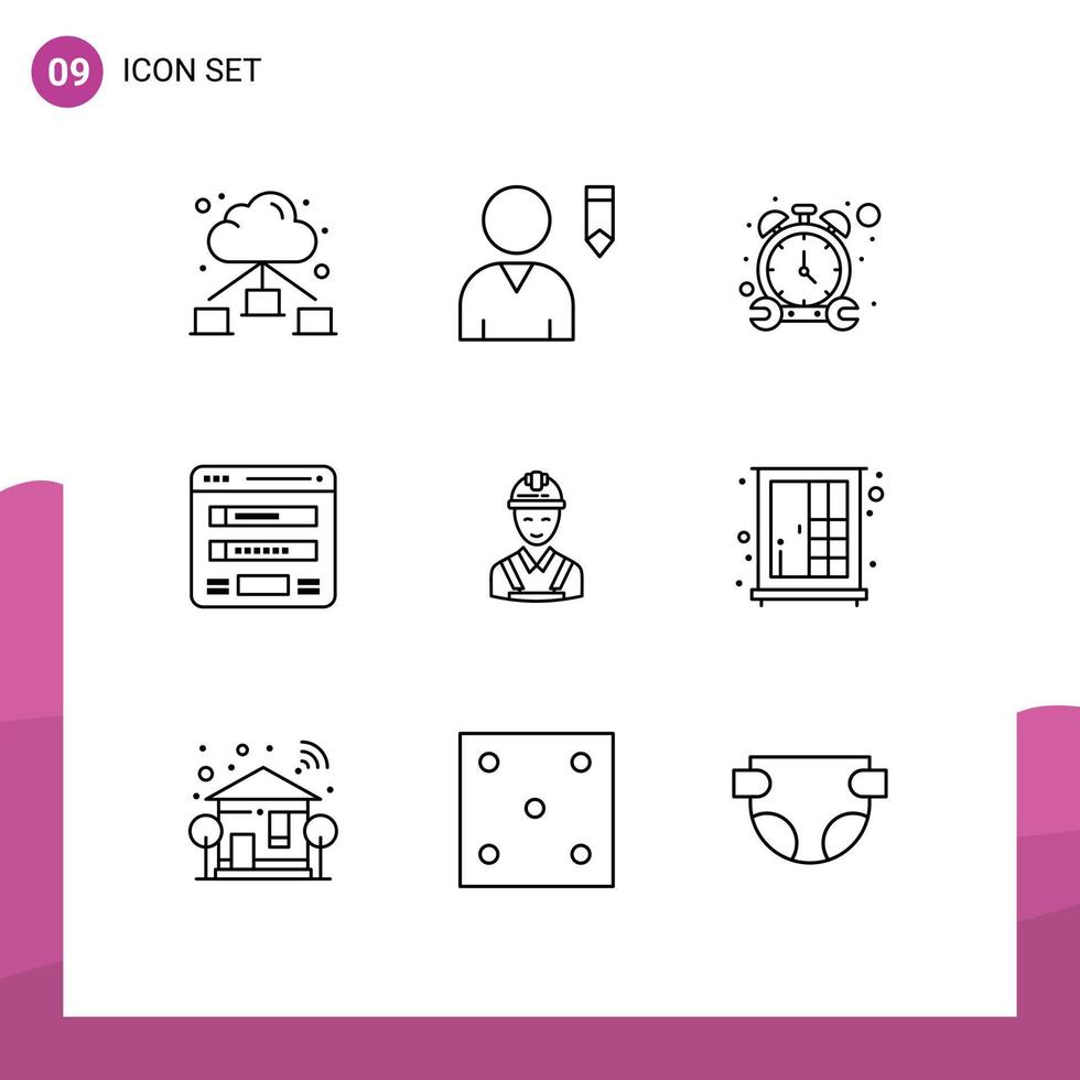 Stock Vector Icon Pack of 9 Line Signs and Symbols for carpenter worker watch web login Editable Vector Design Elements