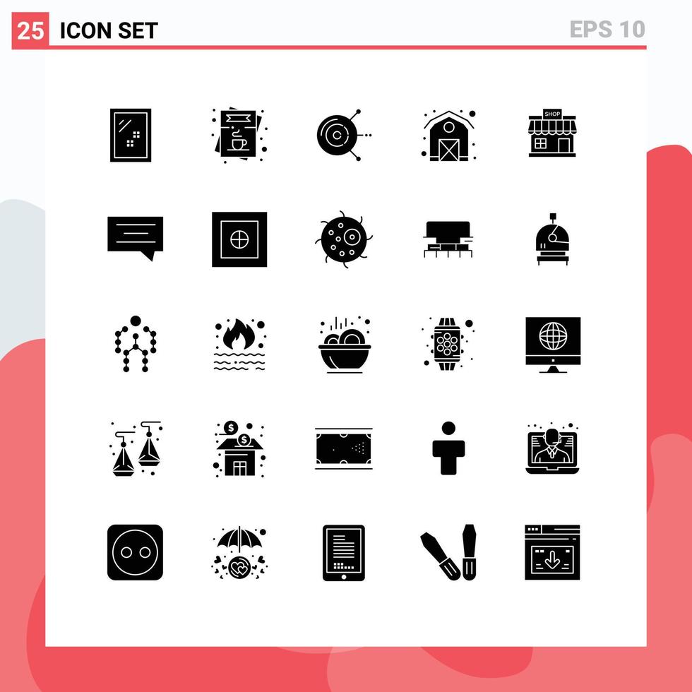 25 Thematic Vector Solid Glyphs and Editable Symbols of store farm order barn hard drive disk Editable Vector Design Elements