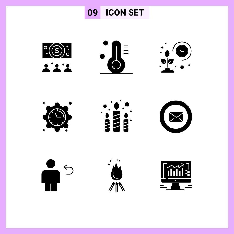 9 Universal Solid Glyph Signs Symbols of light candle garden time clock Editable Vector Design Elements