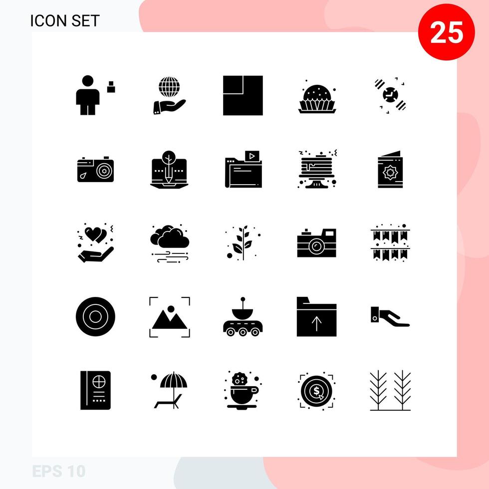 Mobile Interface Solid Glyph Set of 25 Pictograms of timer watch services sweets food Editable Vector Design Elements