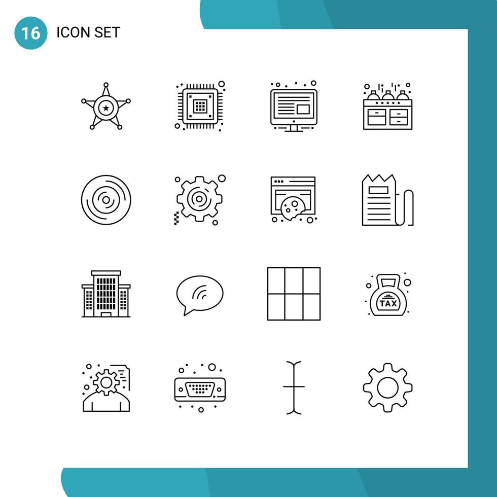 Pack of 16 Modern Outlines Signs and Symbols for Web Print Media such as music oven hardware kitchen cooker Editable Vector Design Elements
