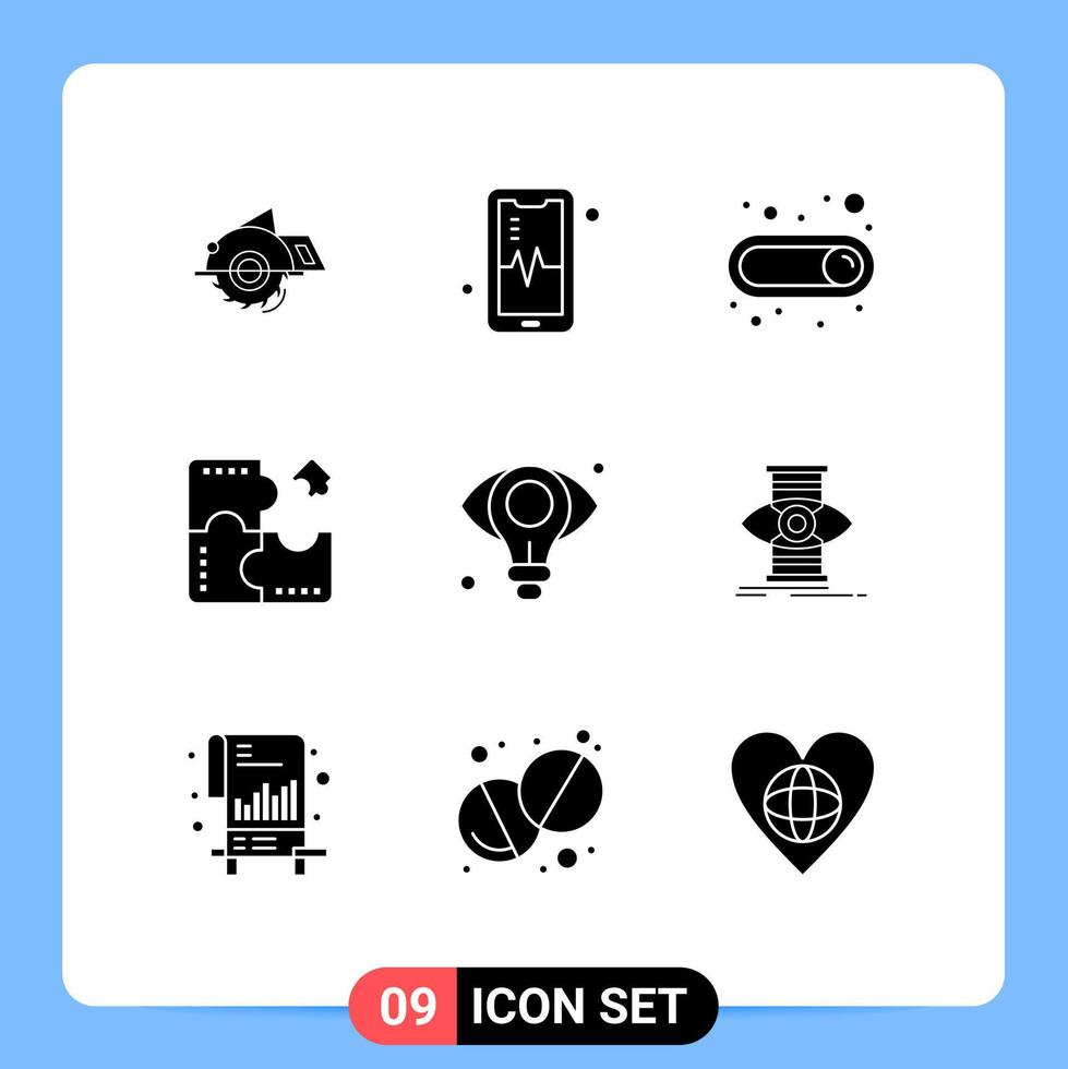 Pictogram Set of 9 Simple Solid Glyphs of eye puzzle on jigsaw application Editable Vector Design Elements