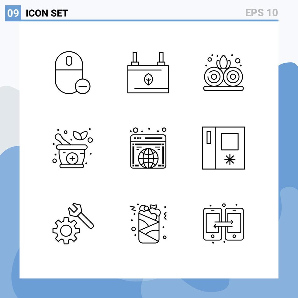 9 User Interface Outline Pack of modern Signs and Symbols of globe natural electricity medicine plant Editable Vector Design Elements