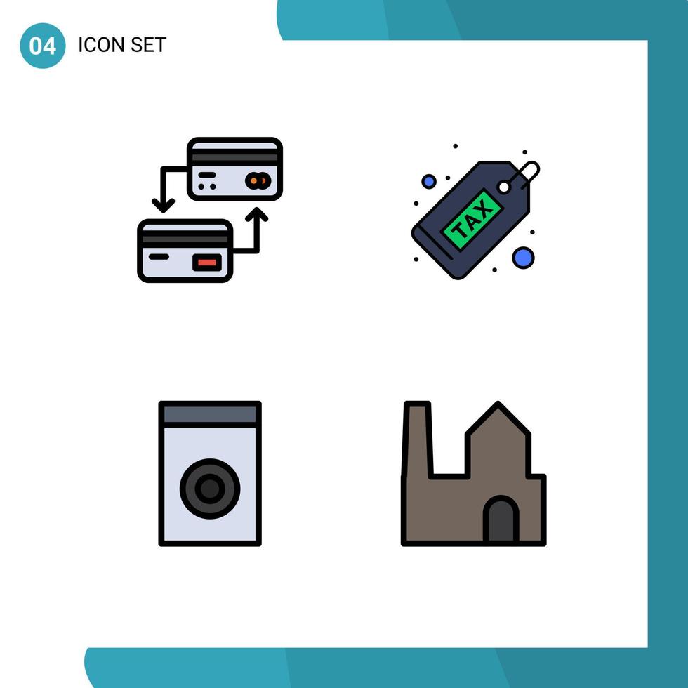 paquete de 4 modernos signos y símbolos de colores planos de línea rellena para medios de impresión web, como dispositivos de tarjetas, lavadoras de crédito, elementos de diseño de vectores editables