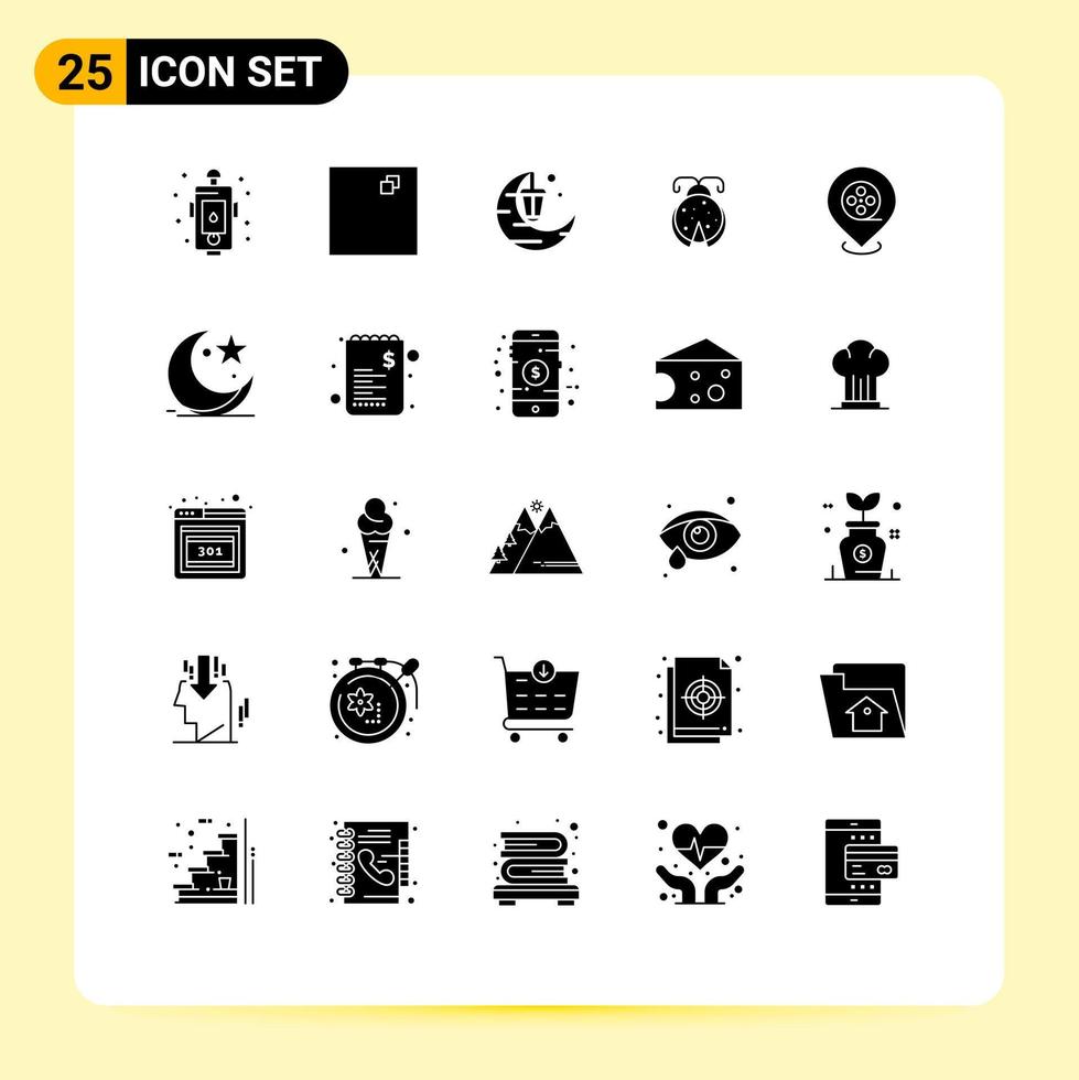 Pack of 25 Modern Solid Glyphs Signs and Symbols for Web Print Media such as films cinema celebration ladybug bug Editable Vector Design Elements