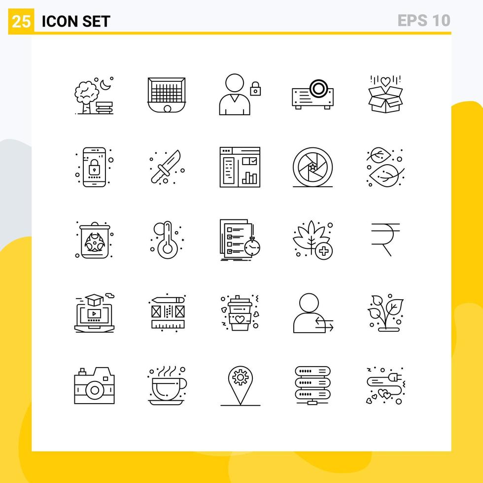 Pictogram Set of 25 Simple Lines of box projector net presentation user Editable Vector Design Elements