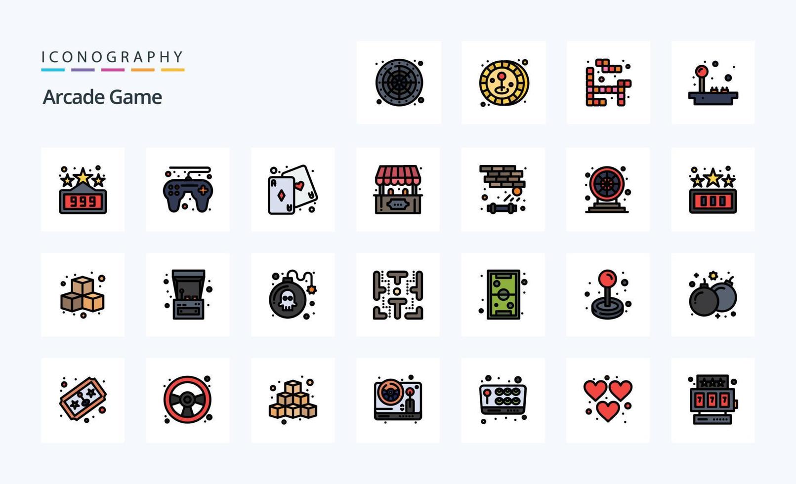 paquete de iconos de estilo lleno de línea arcade de 25 vector