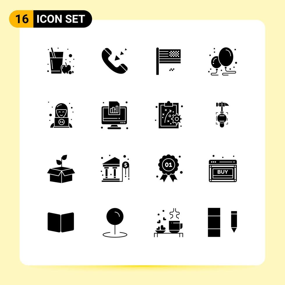 Solid Glyph Pack of 16 Universal Symbols of support party collapse decoration balloon Editable Vector Design Elements
