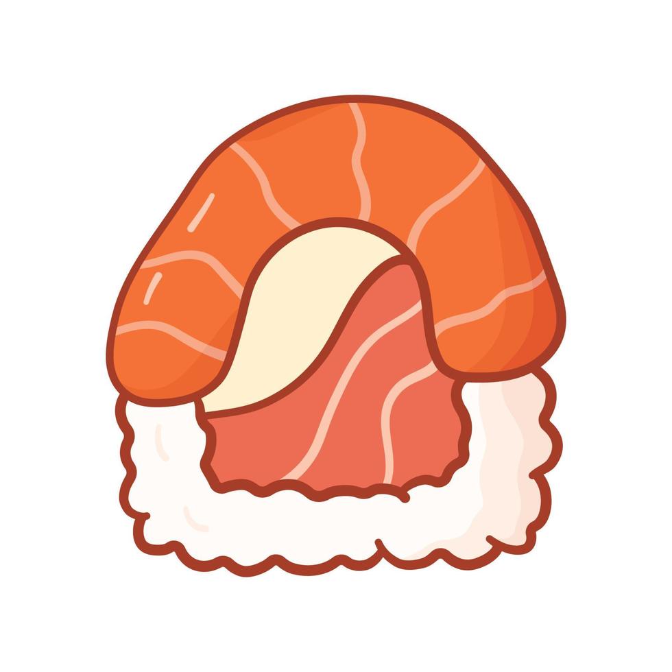 Sushi roll with fish in doodle style on white background. Vector illustration asian food in cartoon drawing style