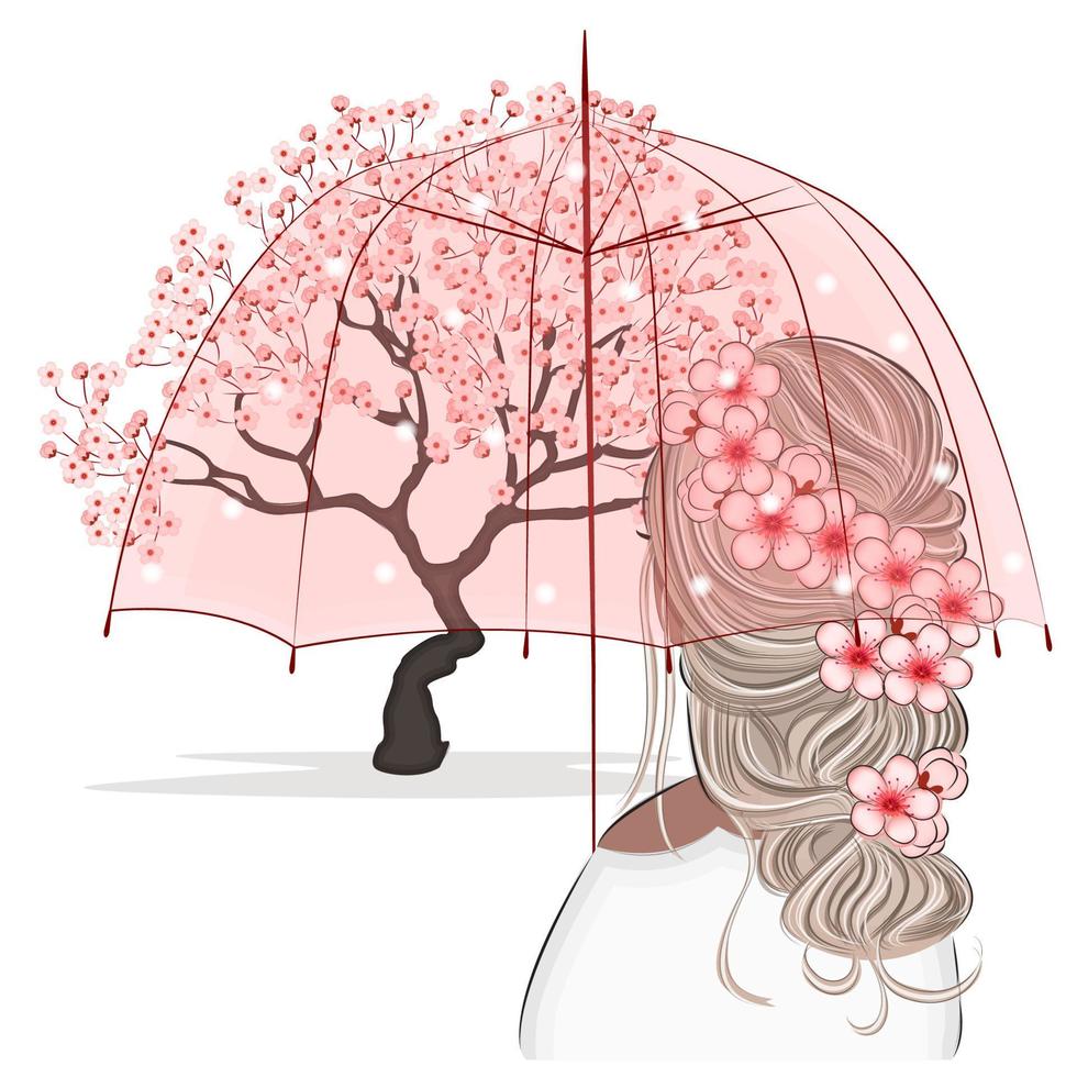 chica con un paraguas admirando las flores de cerezo, las flores de sakura, el jardín de flores de primavera, las flores de los árboles japoneses en una ilustración vectorial de fondo rosa vector