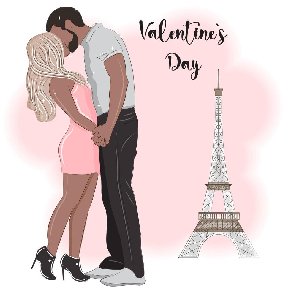 Couple in Paris near the Eiffel Tower, Valentine's Day vector illustration 5