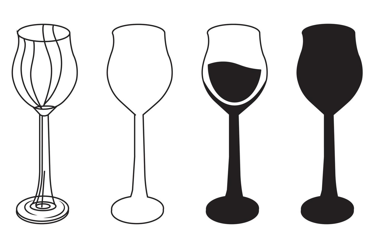 Wine glasses icons set with doodle and silhouette styles. Vector illustration isolated on white background.