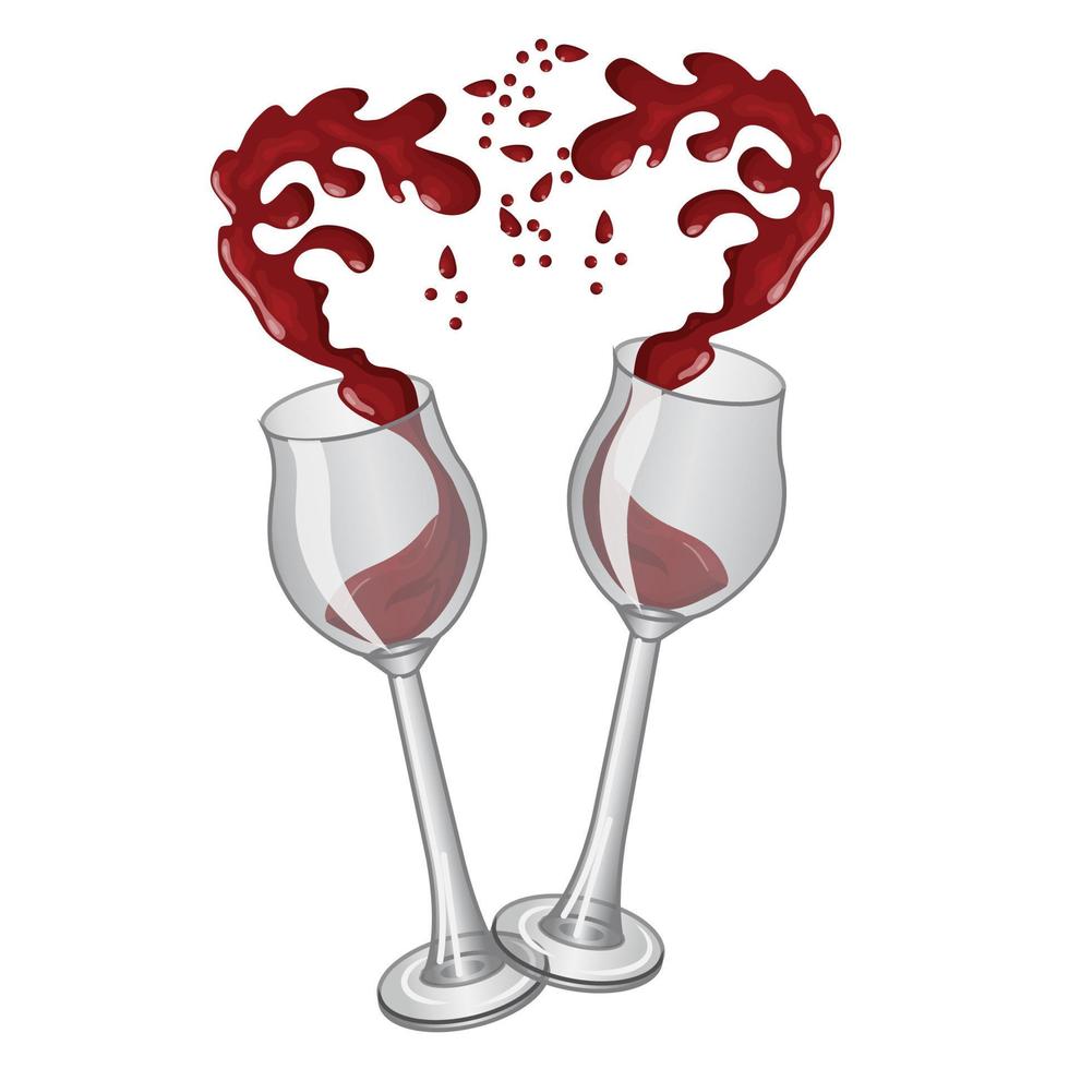 Splash of wine in glasses in the form of halves of a heart. Romantic icon in realistic style. Vector illustration isolated on white background.