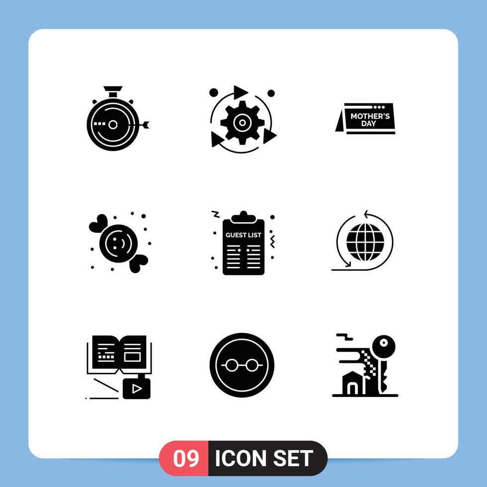 Editable Vector Line Pack of 9 Simple Solid Glyphs of sweets dessert gear candy date Editable Vector Design Elements