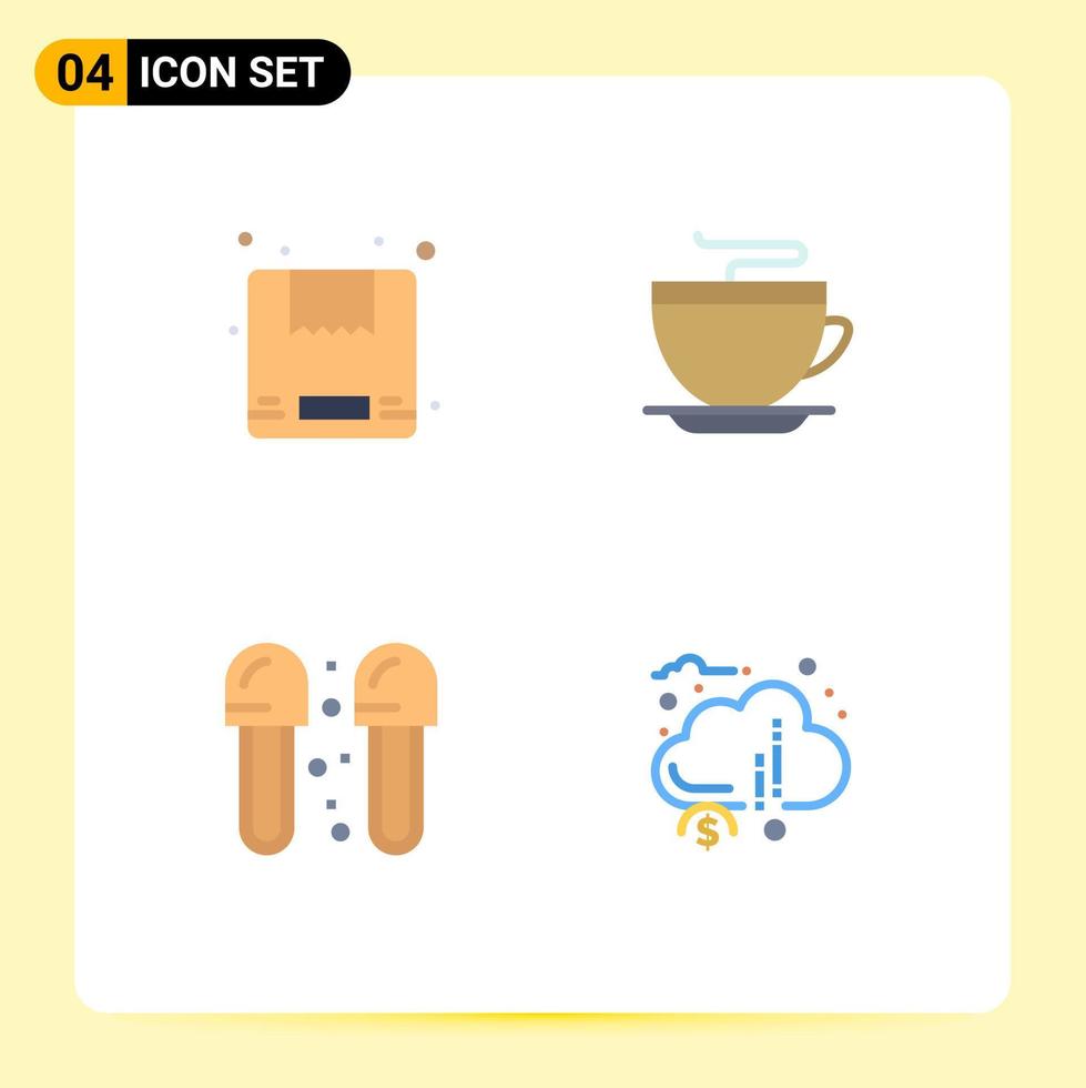 4 Flat Icon concept for Websites Mobile and Apps box cleaning tea cleaning slippers Editable Vector Design Elements