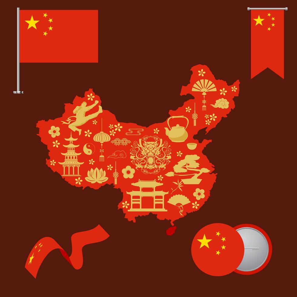 China Map with culture Vector. Vector set of the national flag of China in various creative designs