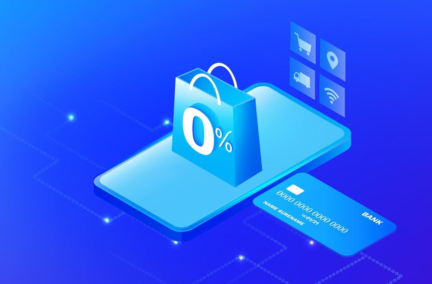 Zero Interest rate free online shopping, zero interest free installation payment on credit card vector illustration. Financial and banking e-commerce for online shopping concept