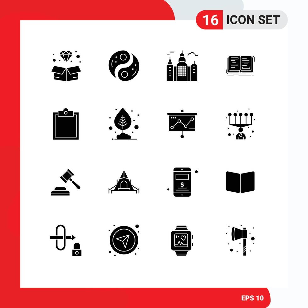 16 Universal Solid Glyphs Set for Web and Mobile Applications buffer writing yin story book Editable Vector Design Elements