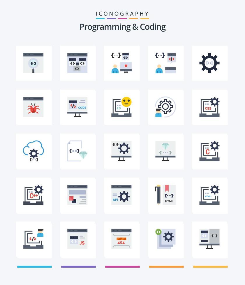 Creative Programming And Coding 25 Flat icon pack  Such As bug. app. development. process. develop vector