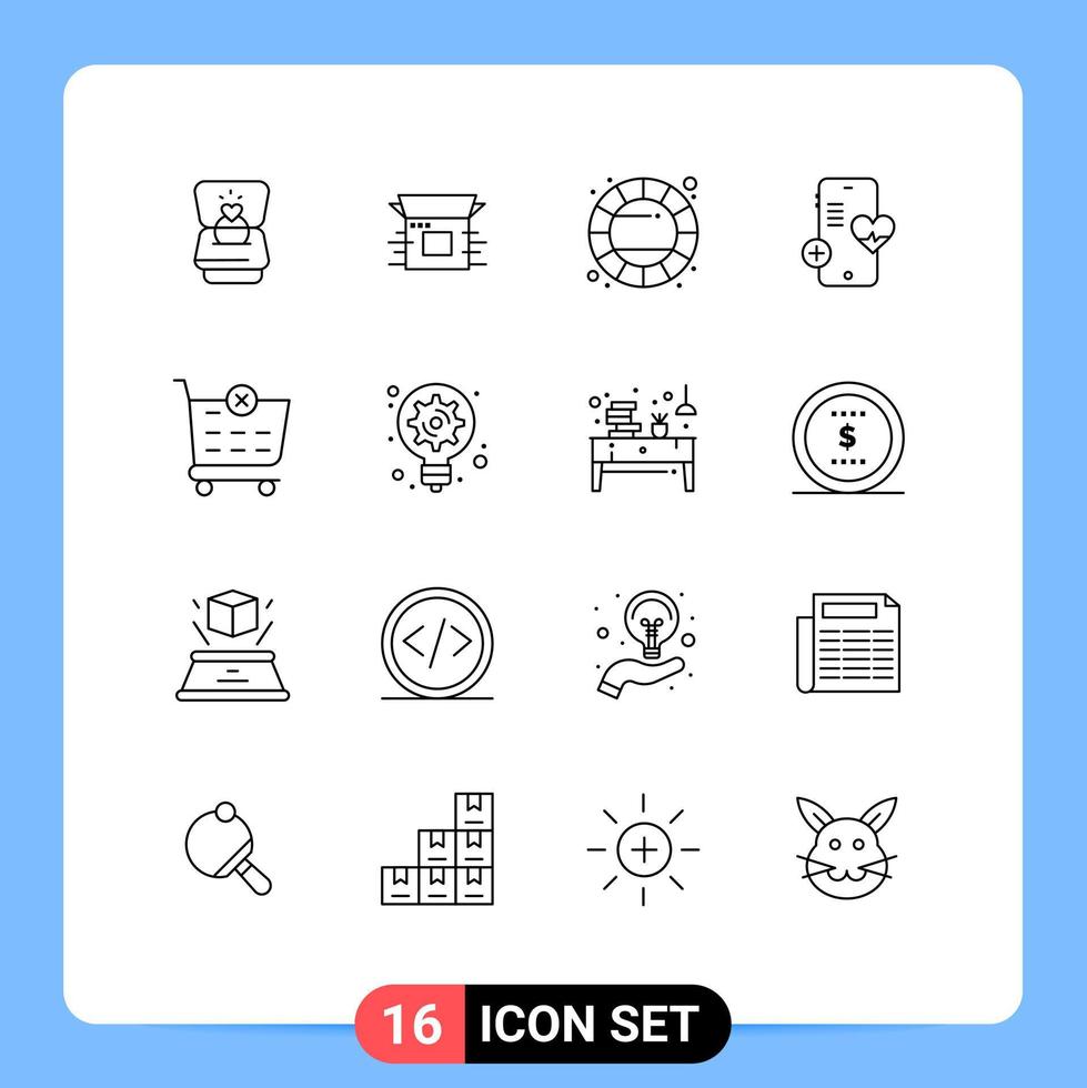 paquete de 16 signos y símbolos de contornos modernos para medios de impresión web, como elementos de diseño de vectores editables de rueda de color de teléfono de liberación de ritmo de pago