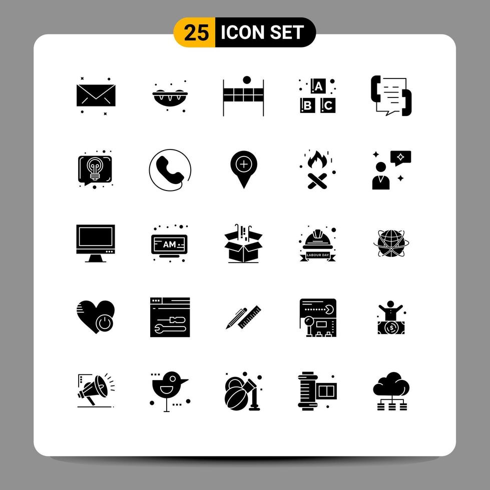 25 User Interface Solid Glyph Pack of modern Signs and Symbols of conversation help volleyball contact call Editable Vector Design Elements