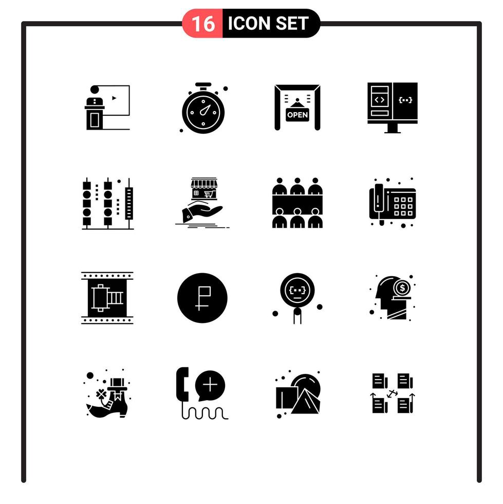 Pack of 16 Modern Solid Glyphs Signs and Symbols for Web Print Media such as development computer navigation coding shop Editable Vector Design Elements
