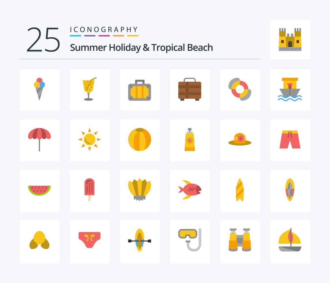 Paquete de iconos de playa de 25 colores planos que incluye playa. bote. transportación. playa. verano vector
