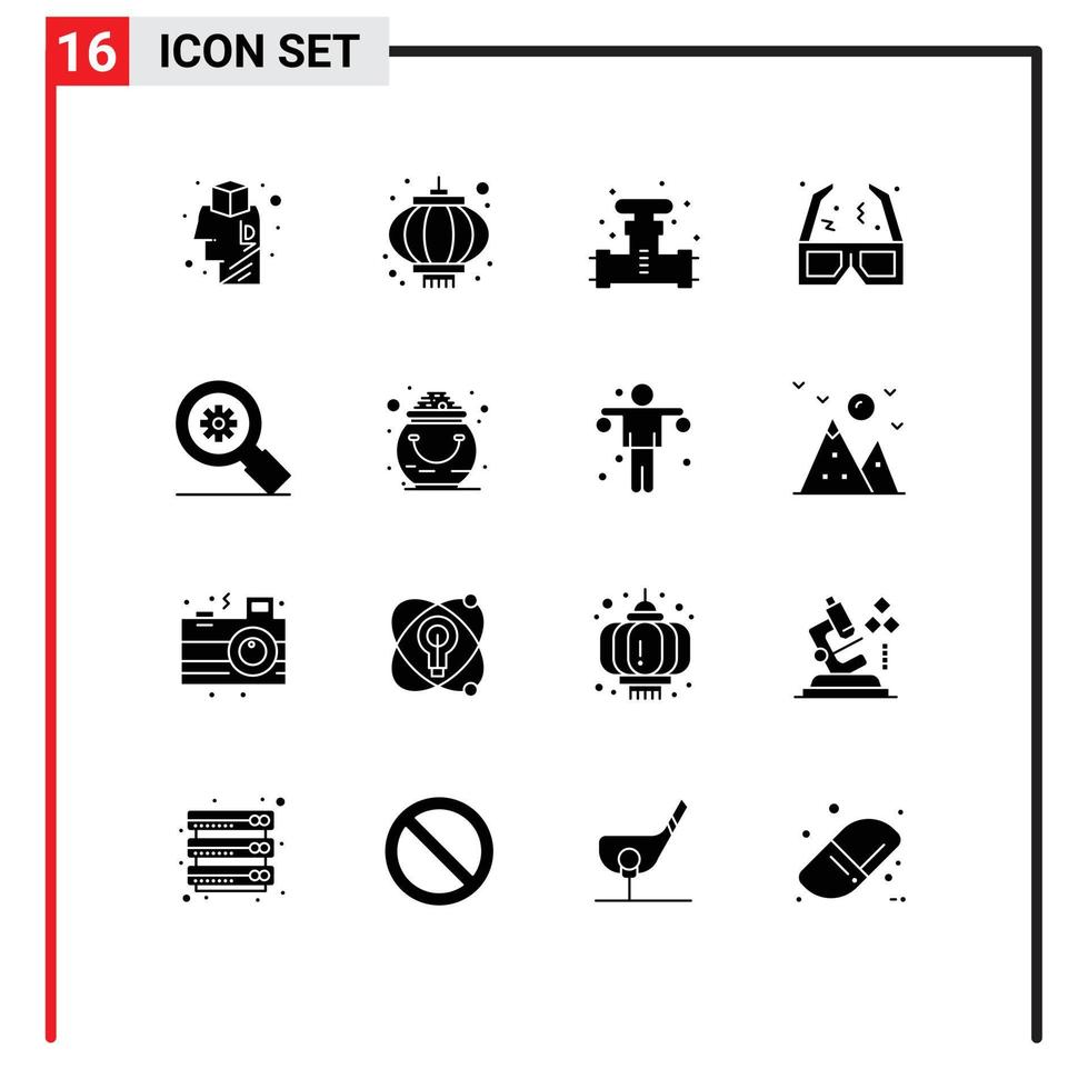 Mobile Interface Solid Glyph Set of 16 Pictograms of research film mechanical movie valve Editable Vector Design Elements