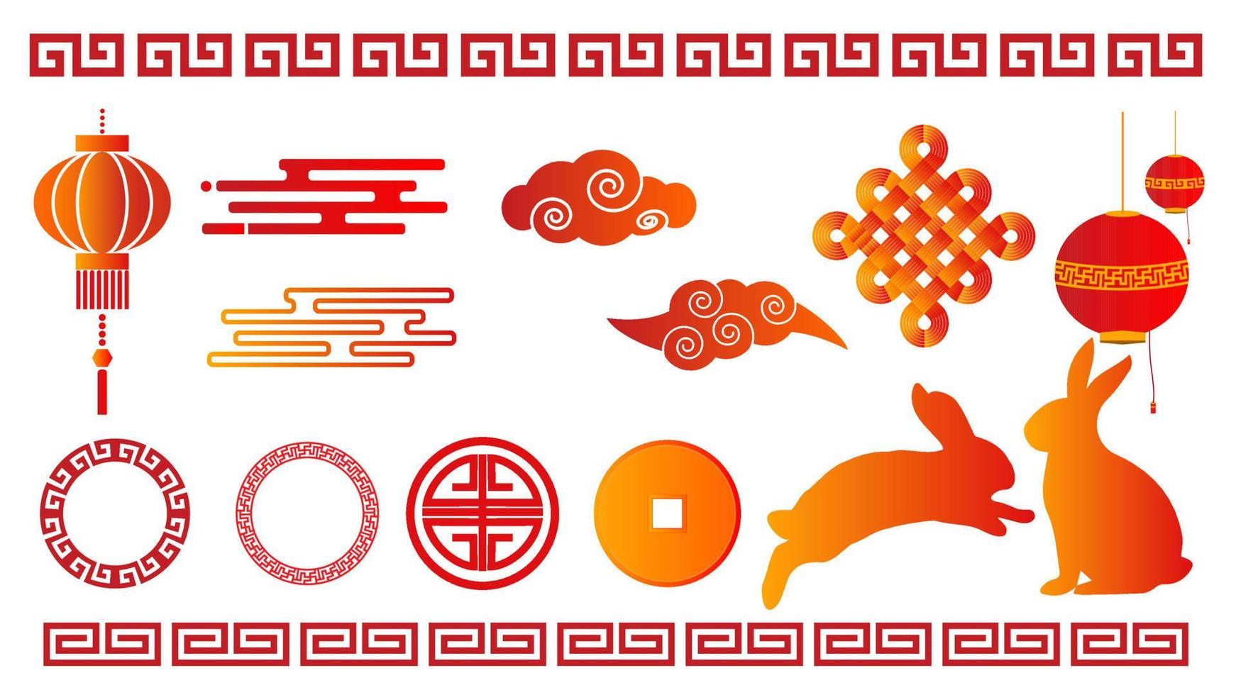 elementos del año nuevo chino tradicional adornos orientales asiáticos decoraciones festivas japonesas nubes patrones de linterna moneda de conejo vector