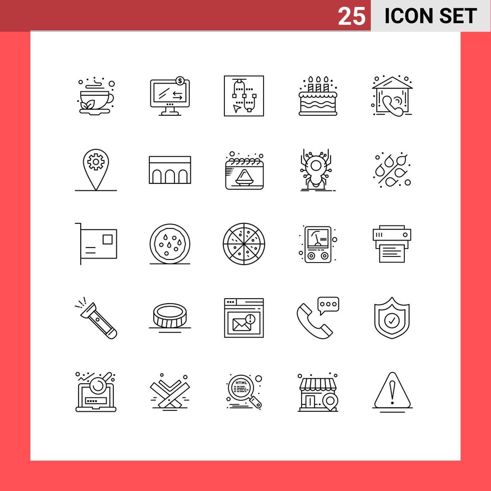Pack of 25 Modern Lines Signs and Symbols for Web Print Media such as contact candle shopping cake arrow Editable Vector Design Elements