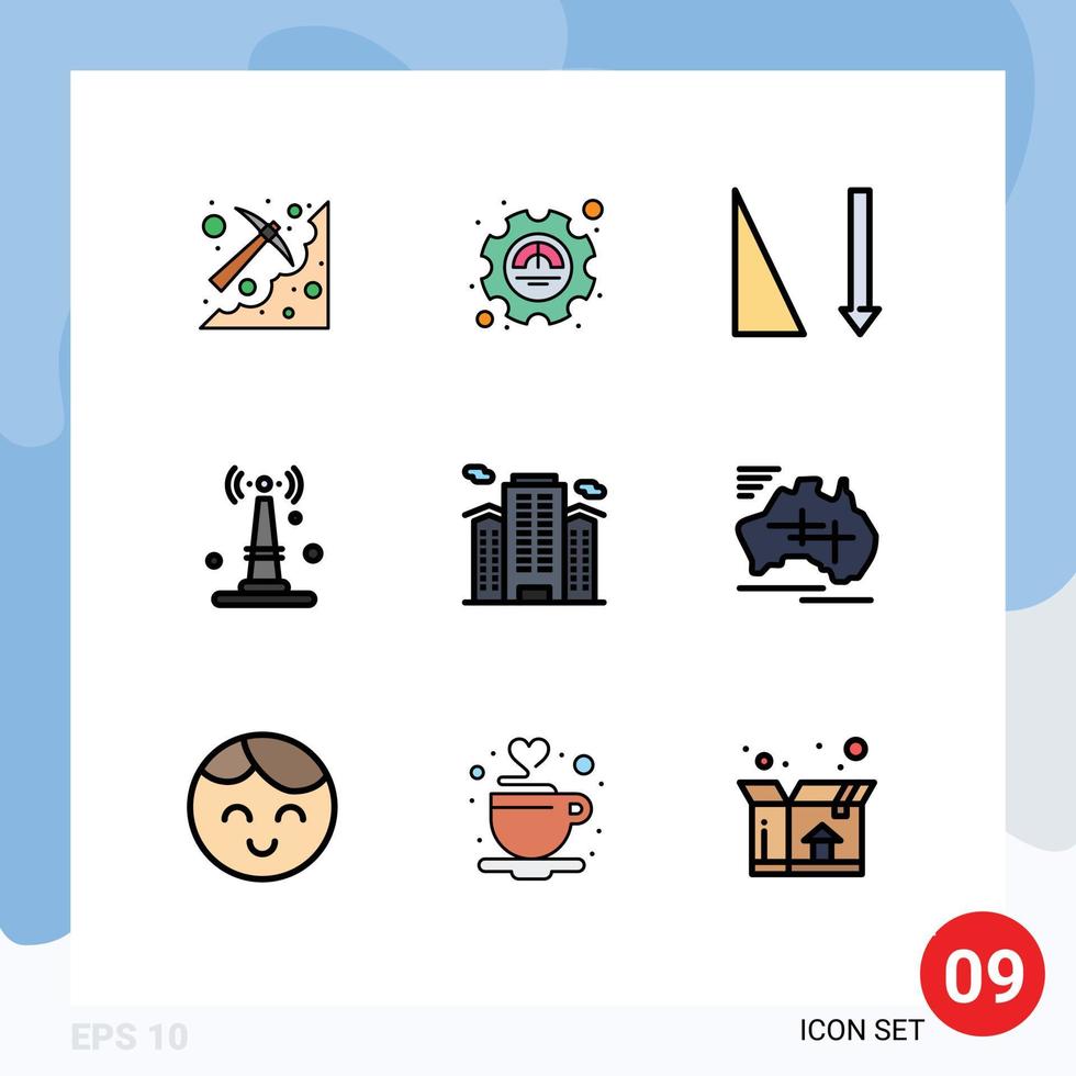 Pack of 9 Modern Filledline Flat Colors Signs and Symbols for Web Print Media such as office things productivity router internet Editable Vector Design Elements