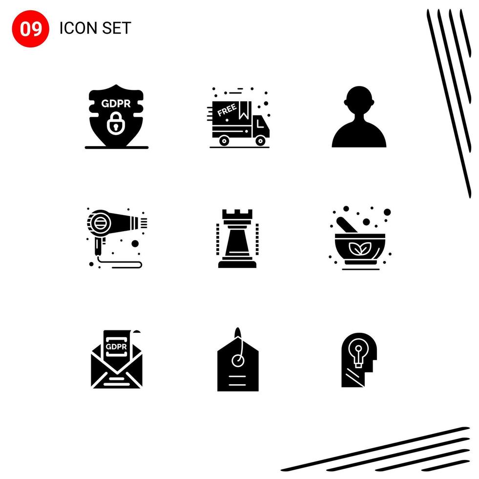 Modern Set of 9 Solid Glyphs Pictograph of sports games user entertainment hair Editable Vector Design Elements