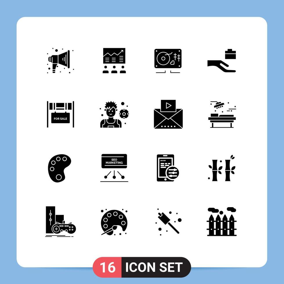 Modern Set of 16 Solid Glyphs Pictograph of building hand graph folder heart Editable Vector Design Elements