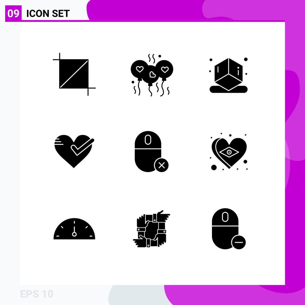 Set of 9 Modern UI Icons Symbols Signs for devices tick cube good love Editable Vector Design Elements