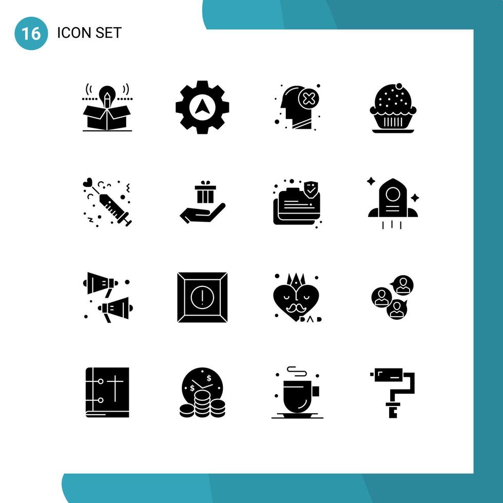 16 User Interface Solid Glyph Pack of modern Signs and Symbols of drug celebration brain cake mark Editable Vector Design Elements