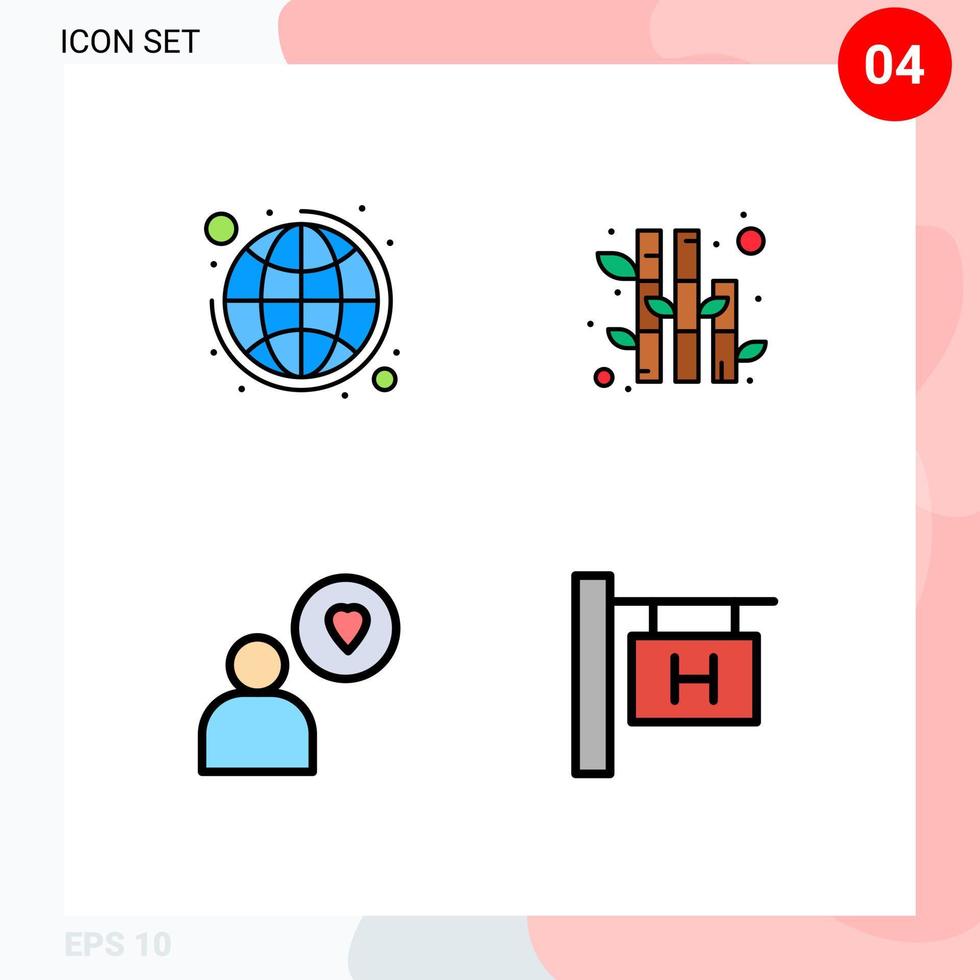 Filledline Flat Color Pack of 4 Universal Symbols of global heart strategy plant travel Editable Vector Design Elements