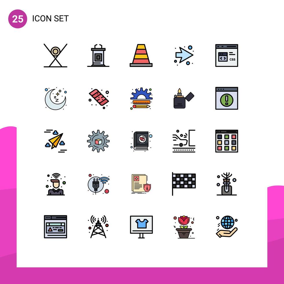 25 colores planos de línea rellena universales establecidos para aplicaciones web y móviles profesor de código css flecha derecha elementos de diseño vectorial editables vector