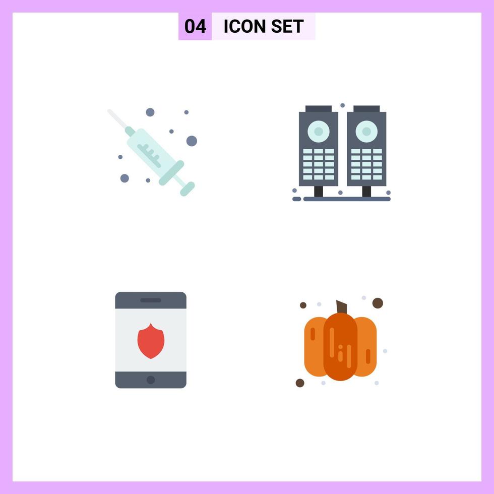 Editable Vector Line Pack of 4 Simple Flat Icons of injection food music security vegetable Editable Vector Design Elements