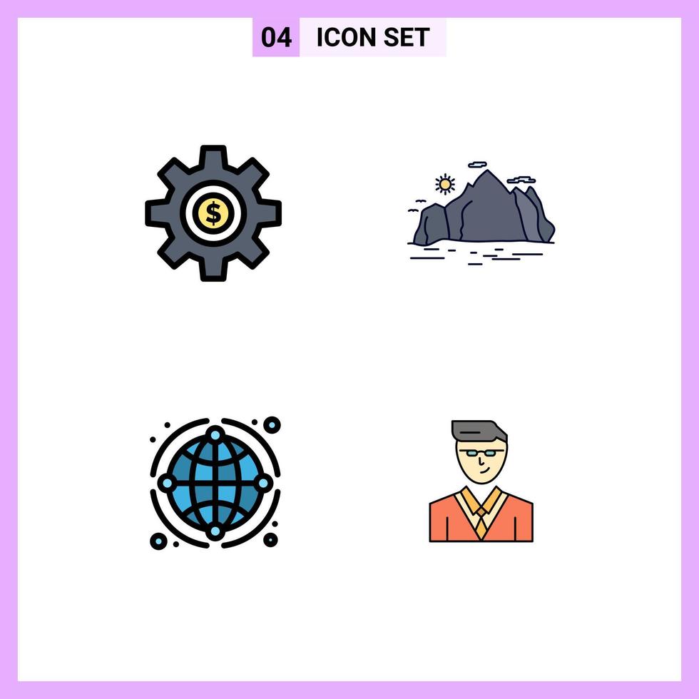 Universal Icon Symbols Group of 4 Modern Filledline Flat Colors of cog scene dollar hill global Editable Vector Design Elements