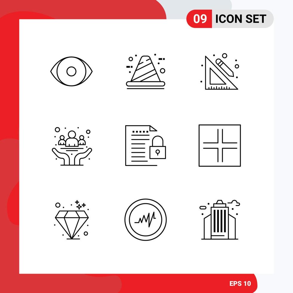 9 Universal Outlines Set for Web and Mobile Applications health community development cancer pencil Editable Vector Design Elements